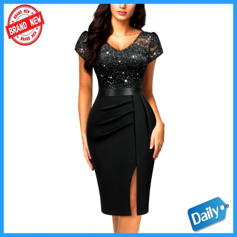 Sequin Lace Cocktail Dress V-Neck Cap Sleeve Elegant Party Formal Wear